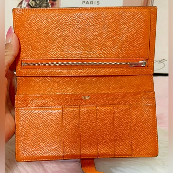 HERMES Bearn Soufflet Leather Chevre Orange Bifold Long Wallet - Picture 6 of 17